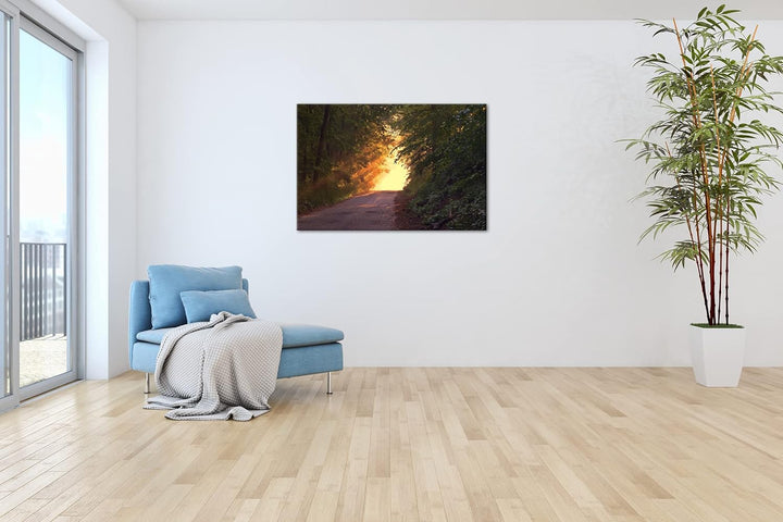 deyoli Waldweg im schönen Sonnenlicht am Abend im Format: 80x60 als Leinwandbild, Motiv fertig gerah