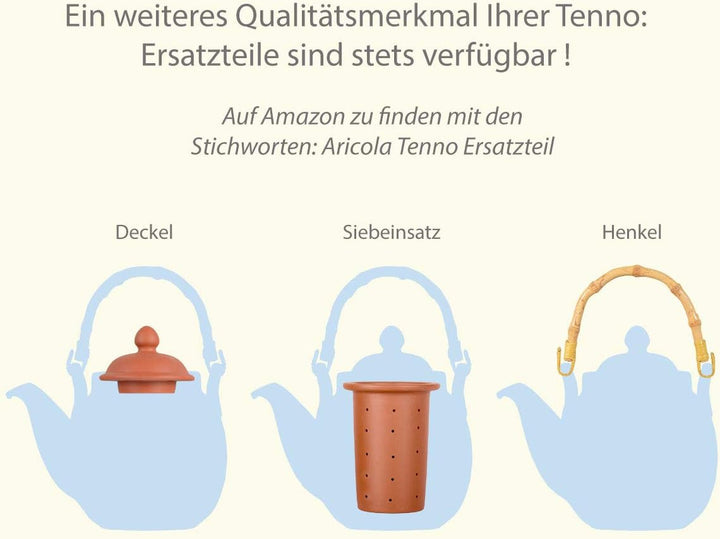 Aricola Ton Teekanne Tenno 1,1 Liter mit Tonsieb, Bambushenkel und Stövchen. Handgefertigt, Original
