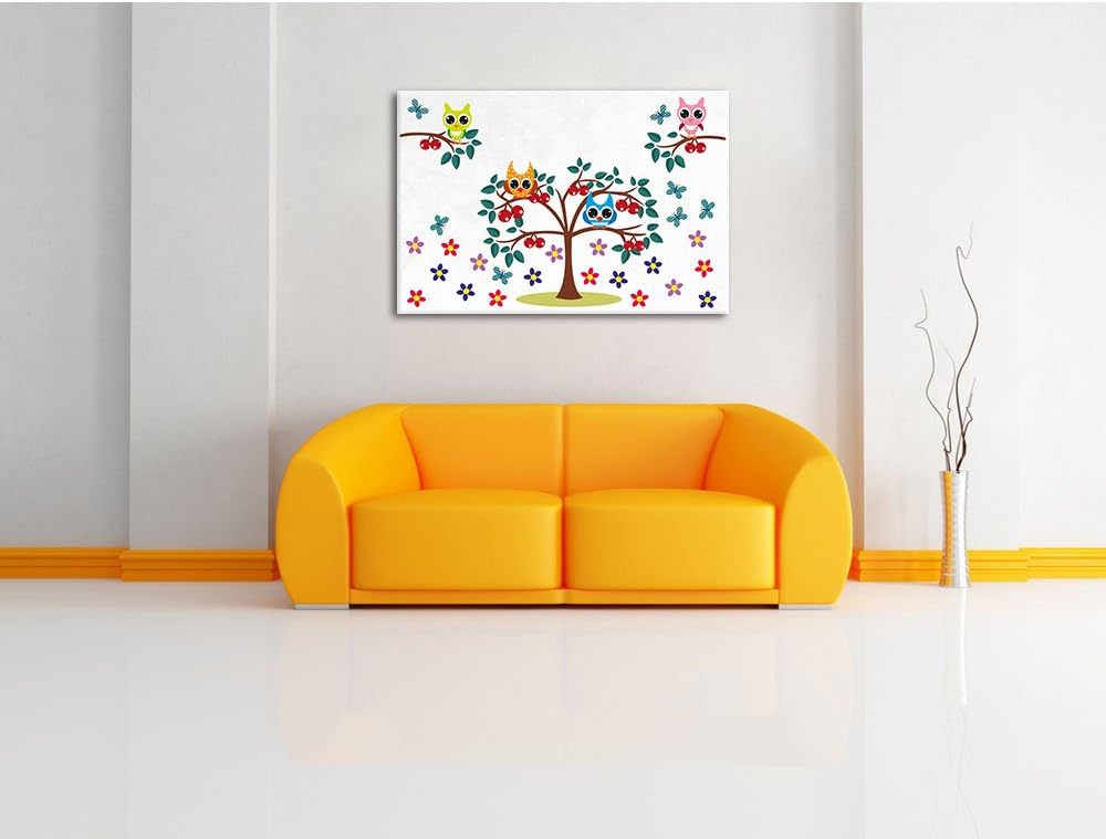 Pixxprint Bäume mit süssen Eulen weiss, Format: 100x70 auf Leinwand, 100x70