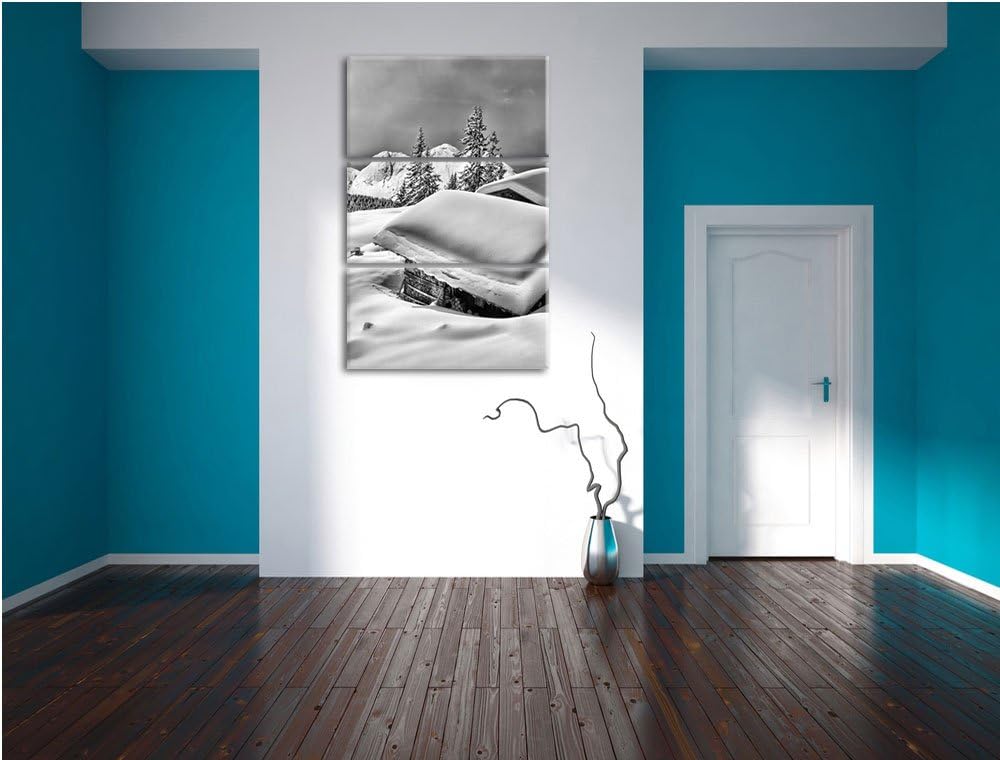 Pixxprint Monocrome, Verschneite Berghütten in den Alpen 3-Teiler Leinwandbild 120x80 Bild auf Leinw