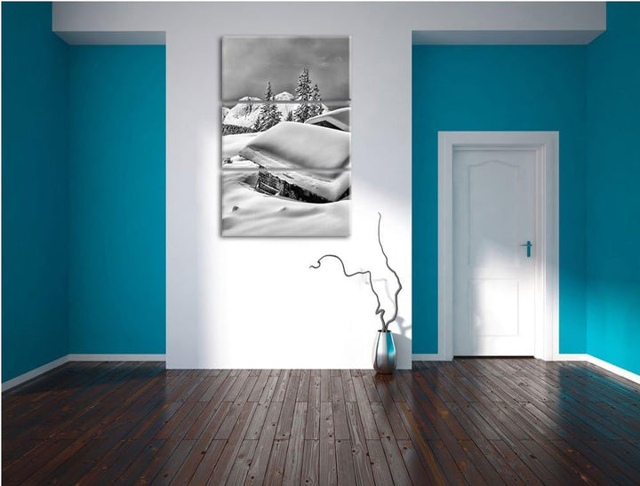 Pixxprint Monocrome, Verschneite Berghütten in den Alpen 3-Teiler Leinwandbild 120x80 Bild auf Leinw