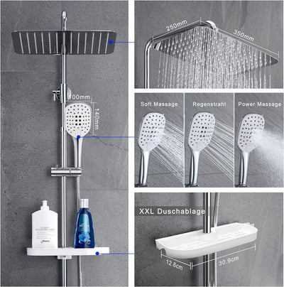JOHO Regendusche Duschsystem ohne Duscharmatur Chrom Duschset mit Ablage, Duschkopf, Duschstange, Du