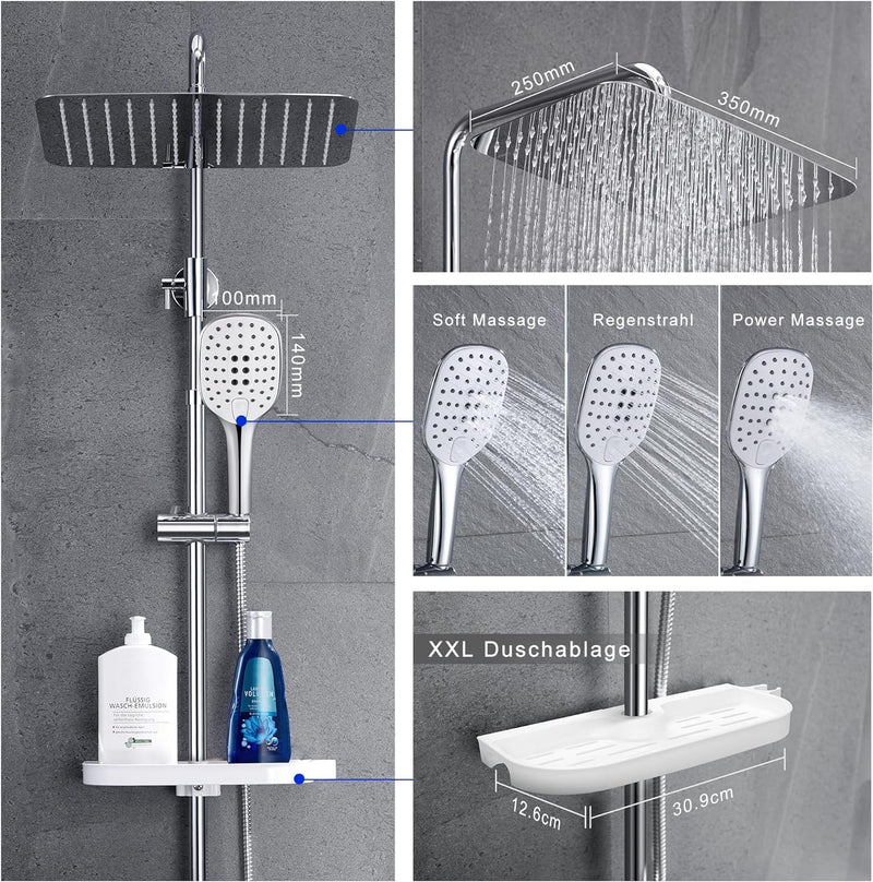 JOHO Regendusche Duschsystem ohne Duscharmatur Chrom Duschset mit Ablage, Duschkopf, Duschstange, Du