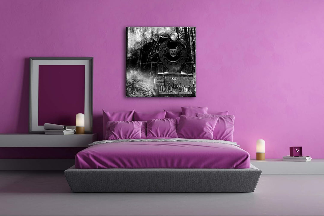 deyoli gewaltige Lokomotive im Wald im Format: 70x70 Effekt: Schwarz&Weiss als Leinwandbild, Motiv a