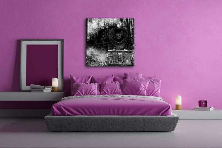 deyoli gewaltige Lokomotive im Wald im Format: 70x70 Effekt: Schwarz&Weiss als Leinwandbild, Motiv a