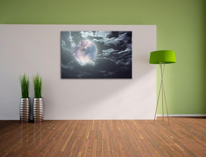 Vollmond unter Sternen und Wolken schwarz/weiss Format: 100x70 auf Leinwand, XXL riesige Bilder fert