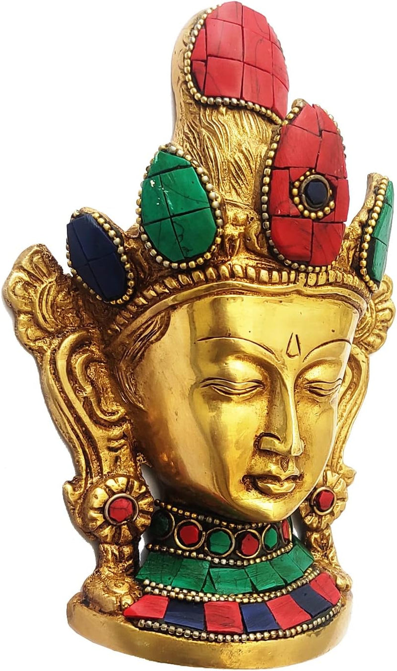 Purpledip Buddhist Goddess Tara Mask (Wall Hanging), Pure Brass with gemstone work (10649)