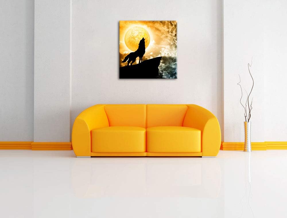 Wolf heult den Mond an, Format: 70x70 auf Leinwand, XXL riesige Bilder fertig gerahmt mit Keilrahmen