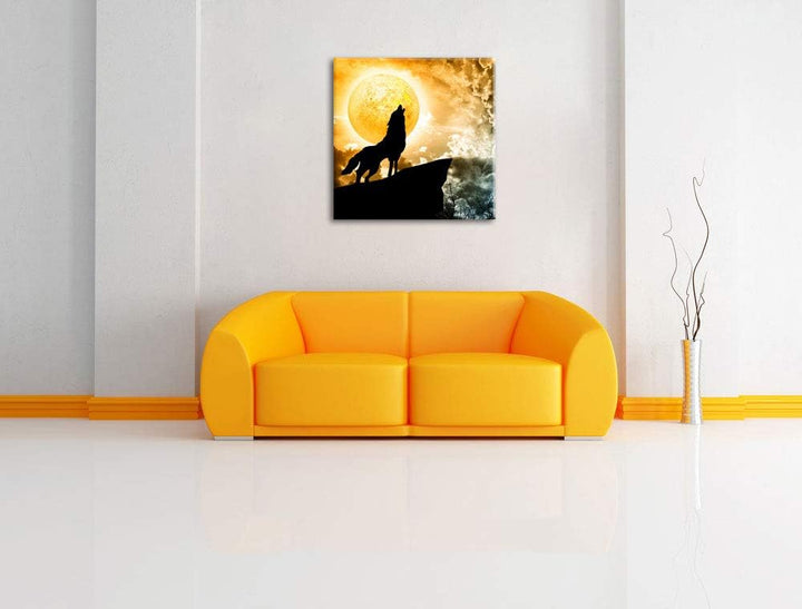 Wolf heult den Mond an, Format: 70x70 auf Leinwand, XXL riesige Bilder fertig gerahmt mit Keilrahmen