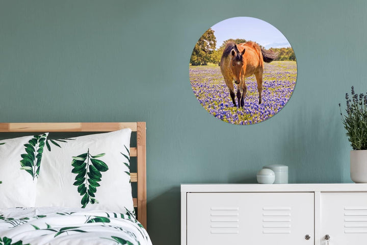 MuchoWow Wandbild Rund Wanddeko Deko Wohnzimmer Bilder 60x60 cm Pferd - Blumen - Bauernhoftier - Lil