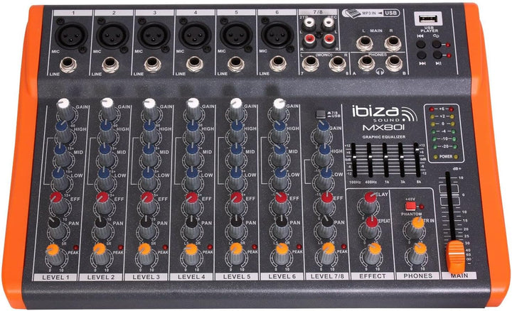 Ibiza - MX801 - Komplettes semiprofessionelles 6-Kanal-Mischpult (5-Band-Equalizer) mit MONO-, Mikro