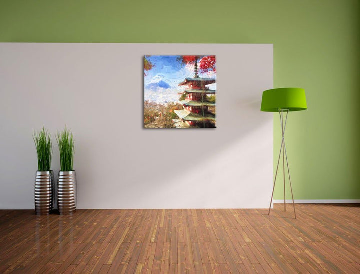 Pixxprint Japanischer Tempel im Herbst Pinsel Effekt, Format: 70x70 auf Leinwand, 70x70