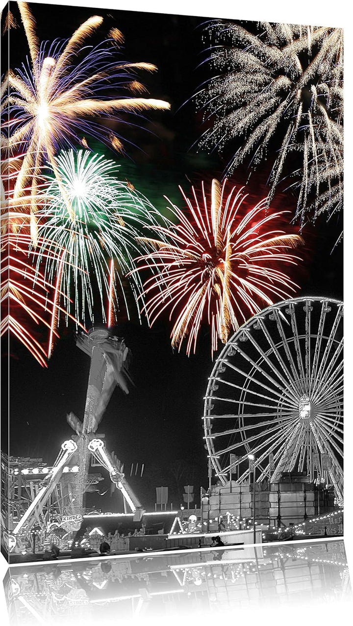 Pixxprint Silvester Feuerwerk schwarz/weiss als Leinwandbild/Grösse: 100x70 / Wandbild/Kunstdruck/fe