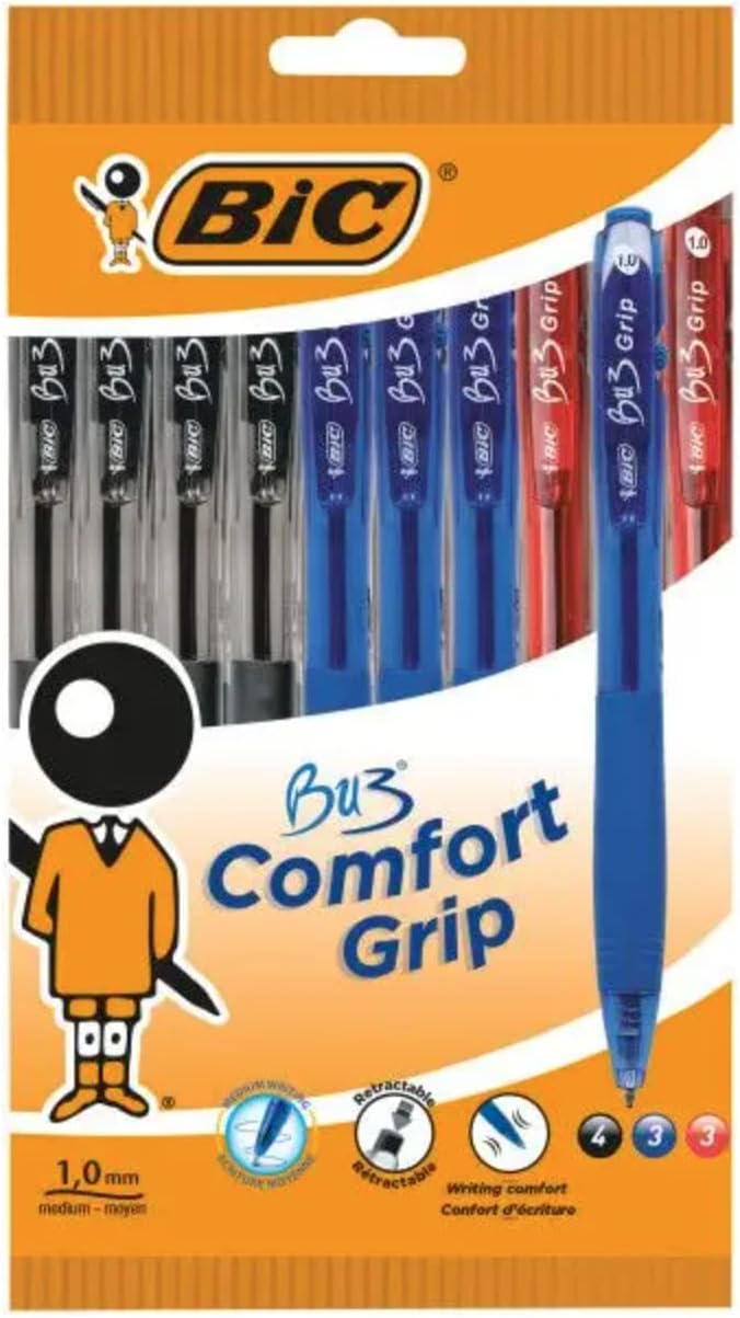 BIC BU3 Comfort Grip - Retractable Ball Pens - 4 Black, 3 Blue, 3 Red