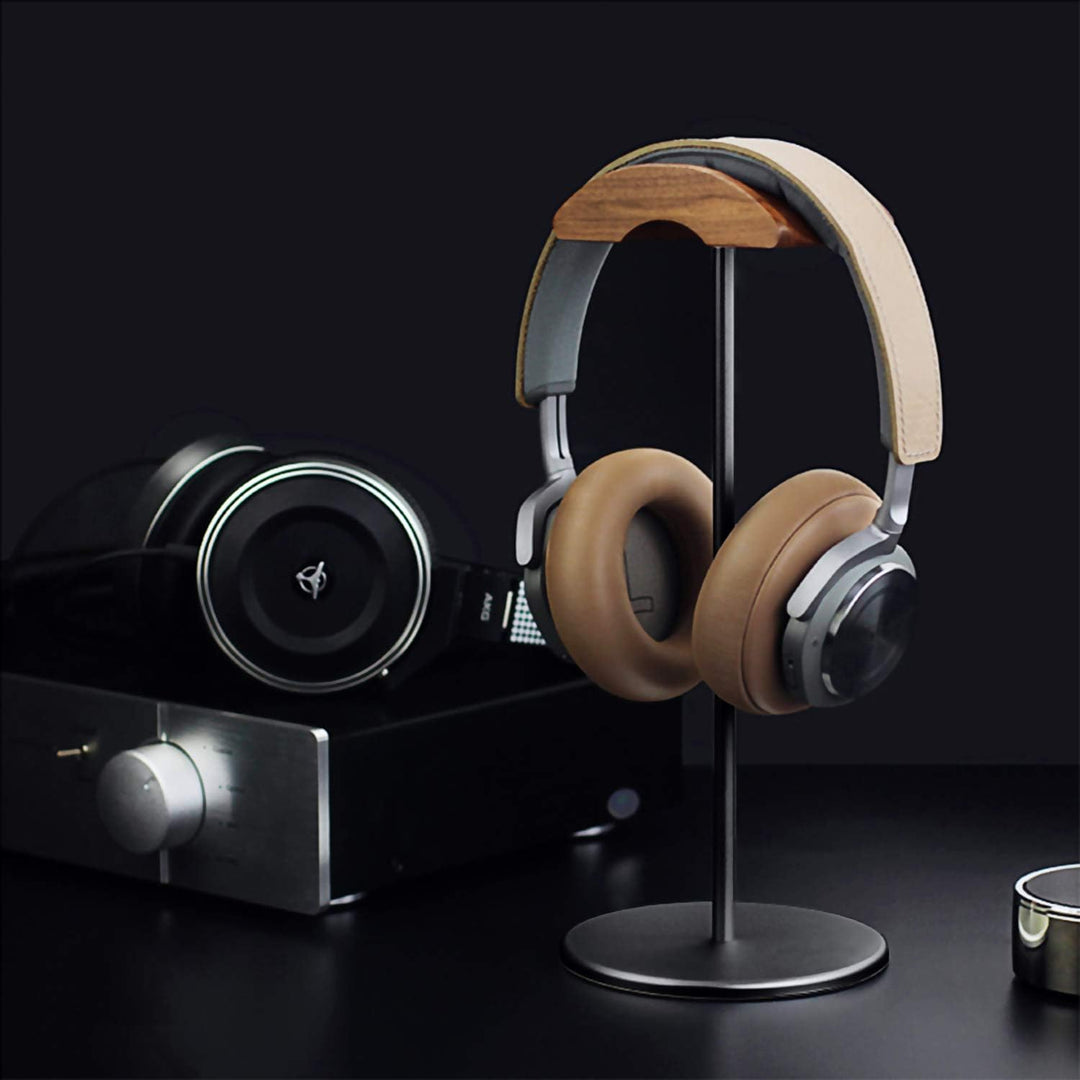 QinCoon Kopfhörer Ständer, Headset Halterung aus Walnuss Holz & Aluminium, Natur Walnuss Gaming Kopf