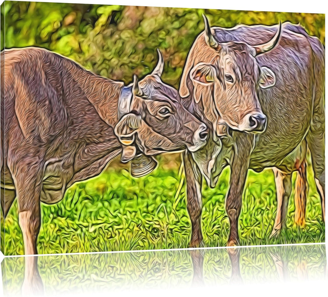 Kuhbullen auf Weide Deluxe Format: 100x70 cm auf Leinwand, XXL riesige Bilder fertig gerahmt mit Kei