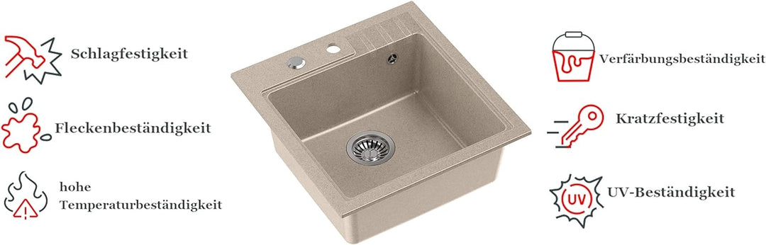 VBChome Spüle mit Armatur 52 x 50 cm Beige Tiefes Becken Küche Einbauspüle Verbundspüle Küchenspüle