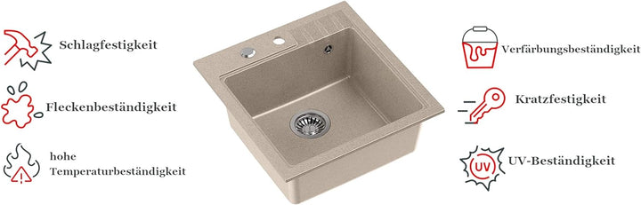 VBChome Spüle mit Armatur 52 x 50 cm Beige Tiefes Becken Küche Einbauspüle Verbundspüle Küchenspüle