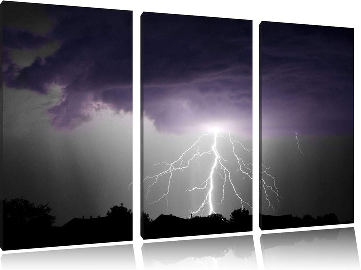 Pixxprint Gewitter über Häusern als Leinwandbild | Grösse: 3 Teilig (120x80) | Wandbild| Kunstdruck