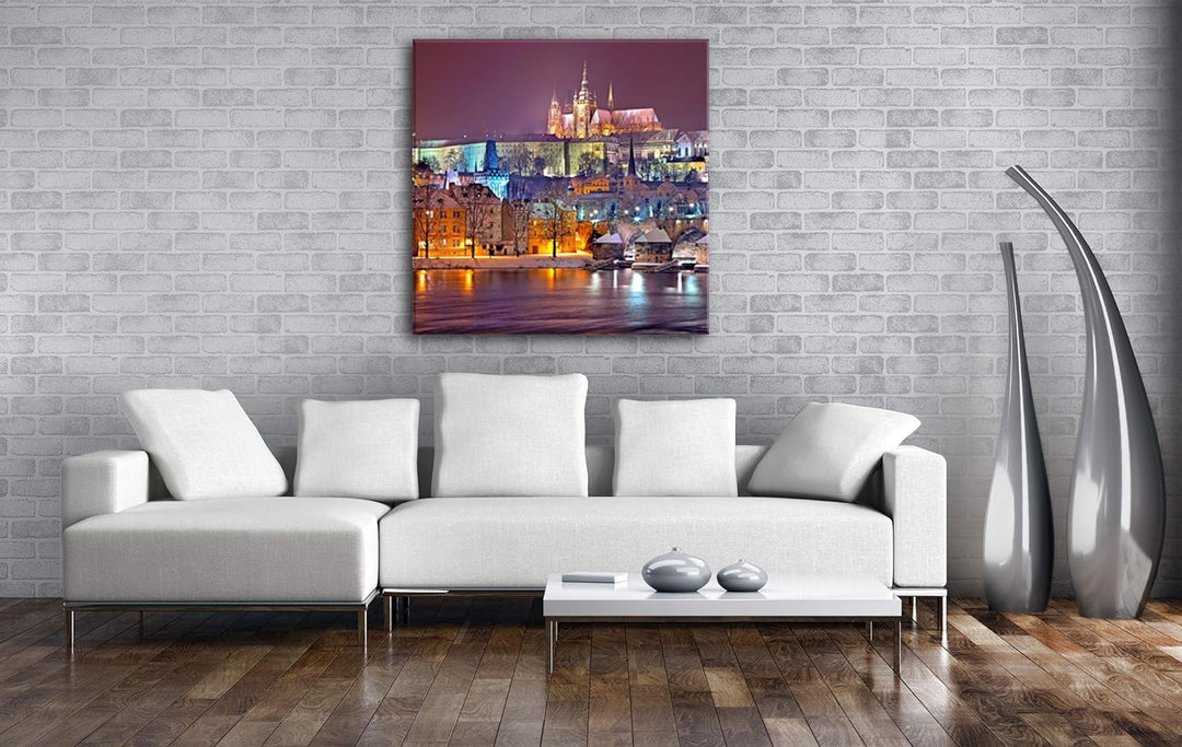 deyoli erhellendes Prag bei Nacht Format: 70x70 als Leinwand, Motiv fertig gerahmt auf Echtholzrahme