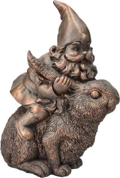 Pacific Giftware Gartenzwerg Figur reitet auf Hase | Bronzefarben Garten-Figur Deko Zwerg