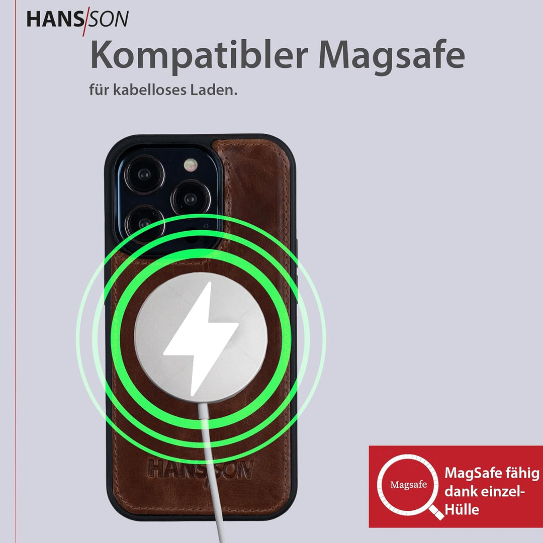 HANS/SON Klappbare Echtlederhülle in Cognac | iPhone 14 Pro Max Ledercase mit Kartenfächern | Lederh
