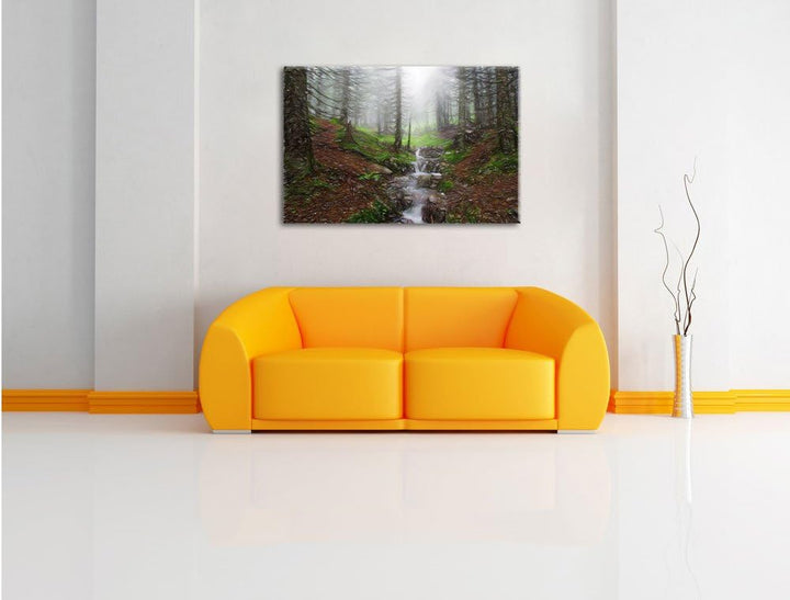 Pixxprint Bach im Wald / 100x70cm Leinwandbild bespannt auf Holzrahmen/Wandbild Kunstdruck Dekoratio