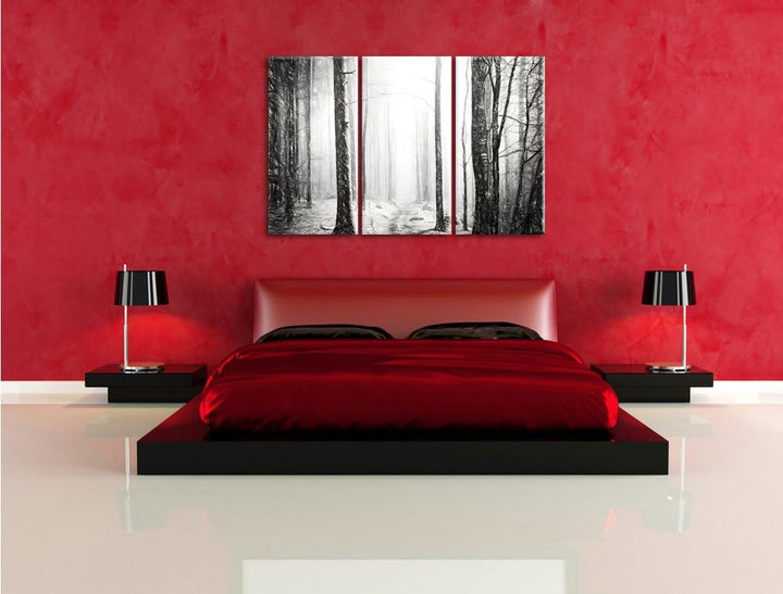Pixxprint Mystischer Wald Kohle Zeichnung Effekt 3-Teiler Leinwandbild 120x80 Bild auf Leinwand