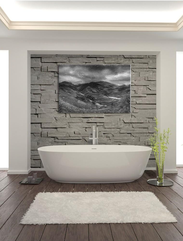 Pixxprint eine Berg Farm in Asien Kunst Kohle Effekt, Format: 100x70 auf Leinwand, XXL riesige Bilde