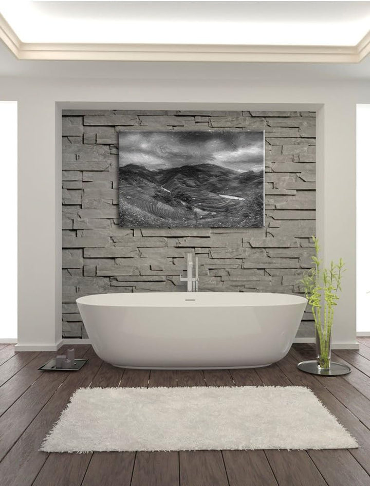 Pixxprint eine Berg Farm in Asien Kunst Kohle Effekt, Format: 100x70 auf Leinwand, XXL riesige Bilde