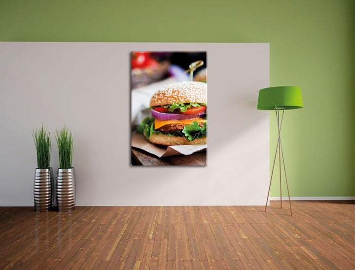 Pixxprint Burger und Pommes als Leinwandbild/Grösse: 100x70 / Wandbild/Kunstdruck/fertig bespannt, 1