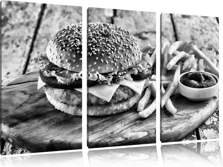 Pixxprint Chickenburger Pommes als Leinwandbild/Grösse: 3 Teilig (120x80 cm) cm/Wandbild/Kunstdruck/