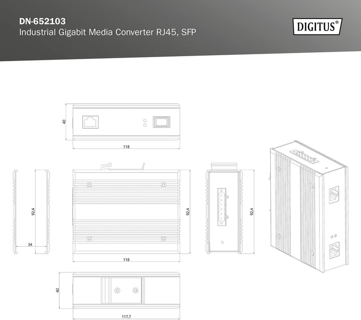 DIGITUS DIN-Rail Medienkonverter - SFP Port - Gbit Ethernet - RJ45 / SFP - 10/100/1000BaseTX zu 1000