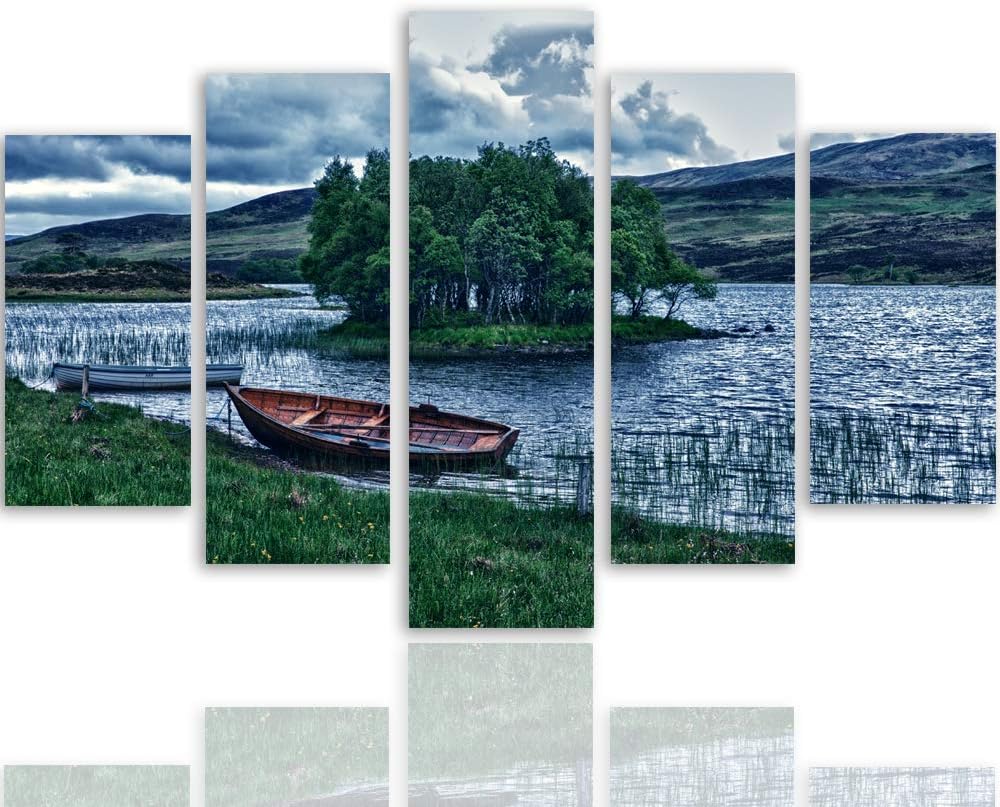 Bilder Fluss 100x70 cm - Leinwandbild - 5 Teilig - Kunstdruck Boot Baum blau Leinwandbild 100x70 cm