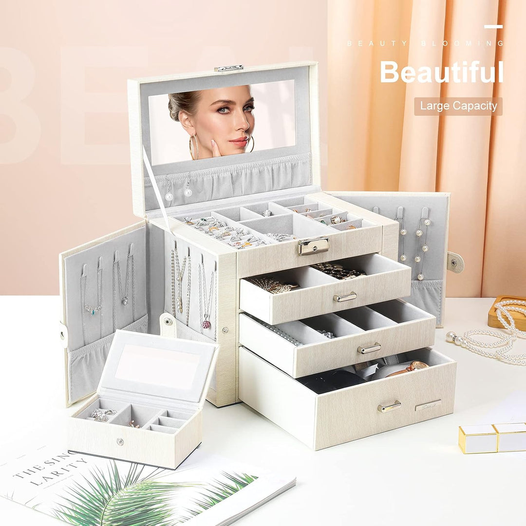 Yorbay Schmuckkästchen, abschliessbar mit Spiegel, 3 Schubladen und herausnehmbarer Mini-Box, Seelux