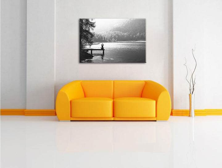 Yoga am See Kunst B&W, Format: 100x70 auf Leinwand, XXL riesige Bilder fertig gerahmt mit Keilrahmen