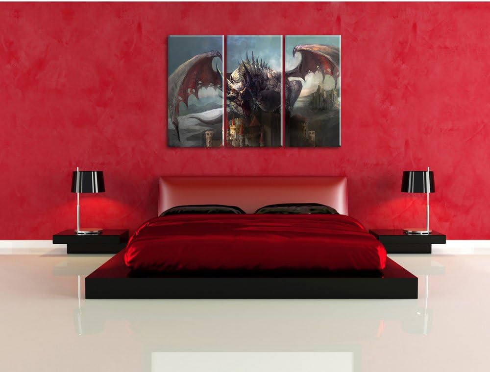 Pixxprint der Drache auf der Festung als Leinwandbild - Grösse: 3-Teilig (120x80cm) - Wandbild - Kun