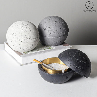 Cutfouwe Mülleimer Mit Deckel-Beton + Edelstahl-Φ12.5Cm X H10.8Cm -Wasserdicht/Winddicht,Weiss White