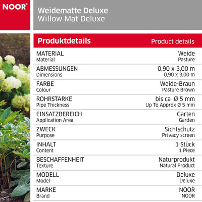 NOOR Weidematte Deluxe 0,90 x 3,00m I Natürliche Weidesichtschutzmatte mit verwobenem, verzinktem Dr