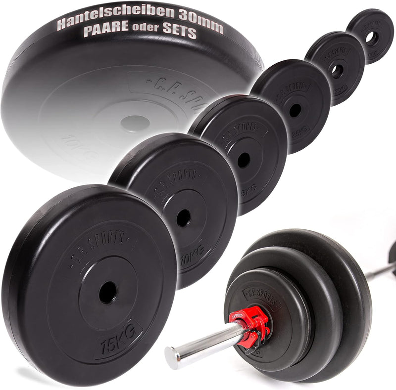 C.P.Sports Hantelscheiben 30mm | Paare 0,5KG bis 20KG oder Sets 26KG / 52KG | Kunststoff mit Zementf