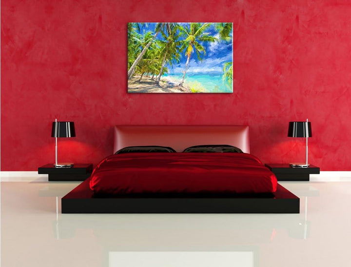Pixxprint Traumstrand mit Palmen als Leinwandbild/Grösse: 100x70 / Wandbild/Kunstdruck/fertig bespan