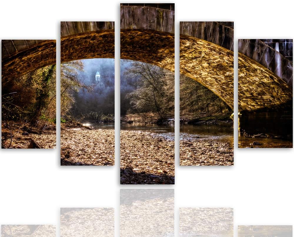 Feeby Wanddeko XXL Landschaft Leinwandbild 5 Teilig Brücke Wasser Natur braun 100x70 cm Leinwandbild