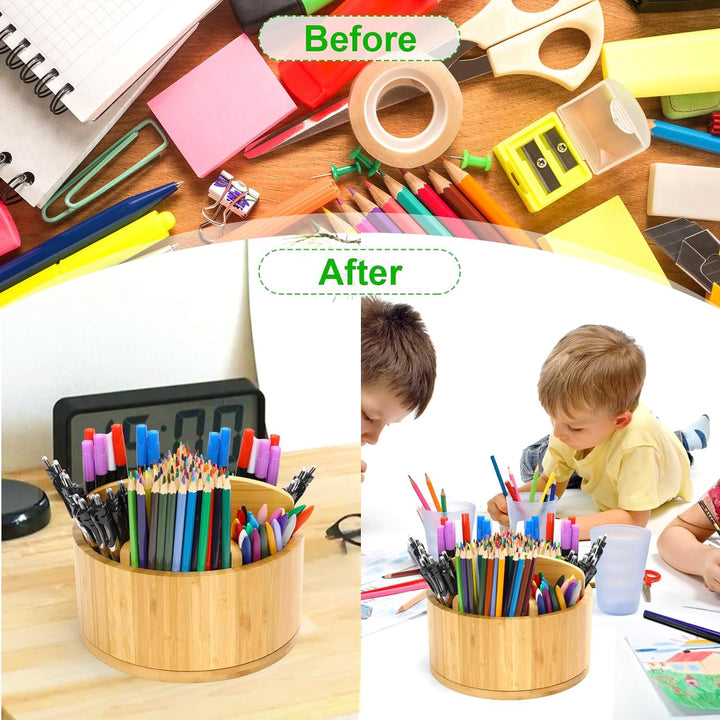 Cinnani 360° Drehbarer Schreibtisch Organizer aus Bambus, Stiftehalter Holz mit Griff, Tisch Organiz