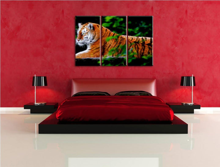Dark anmutiger Tiger auf Baumstamm NewArt 3-Teiler Leinwandbild 120x80 Bild auf Leinwand, XXL riesig