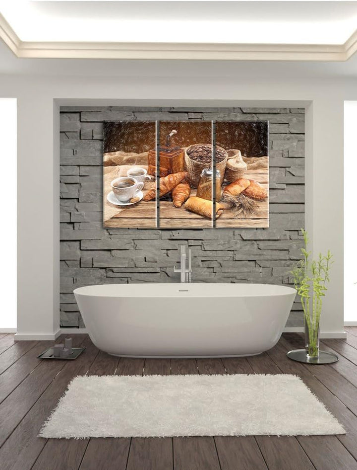Pixxprint Aromatischer Kaffee mit Croissant Bunstift Effekt 3-Teiler Leinwandbild 120x80 Bild auf Le