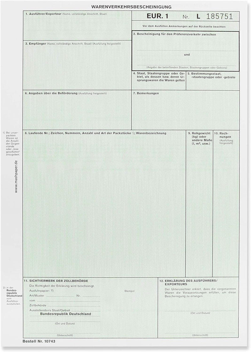 EUR1 EUR.1 Warenverkehrsbescheinigung Formular für Laserdrucker (50 Stck), 50 Stck