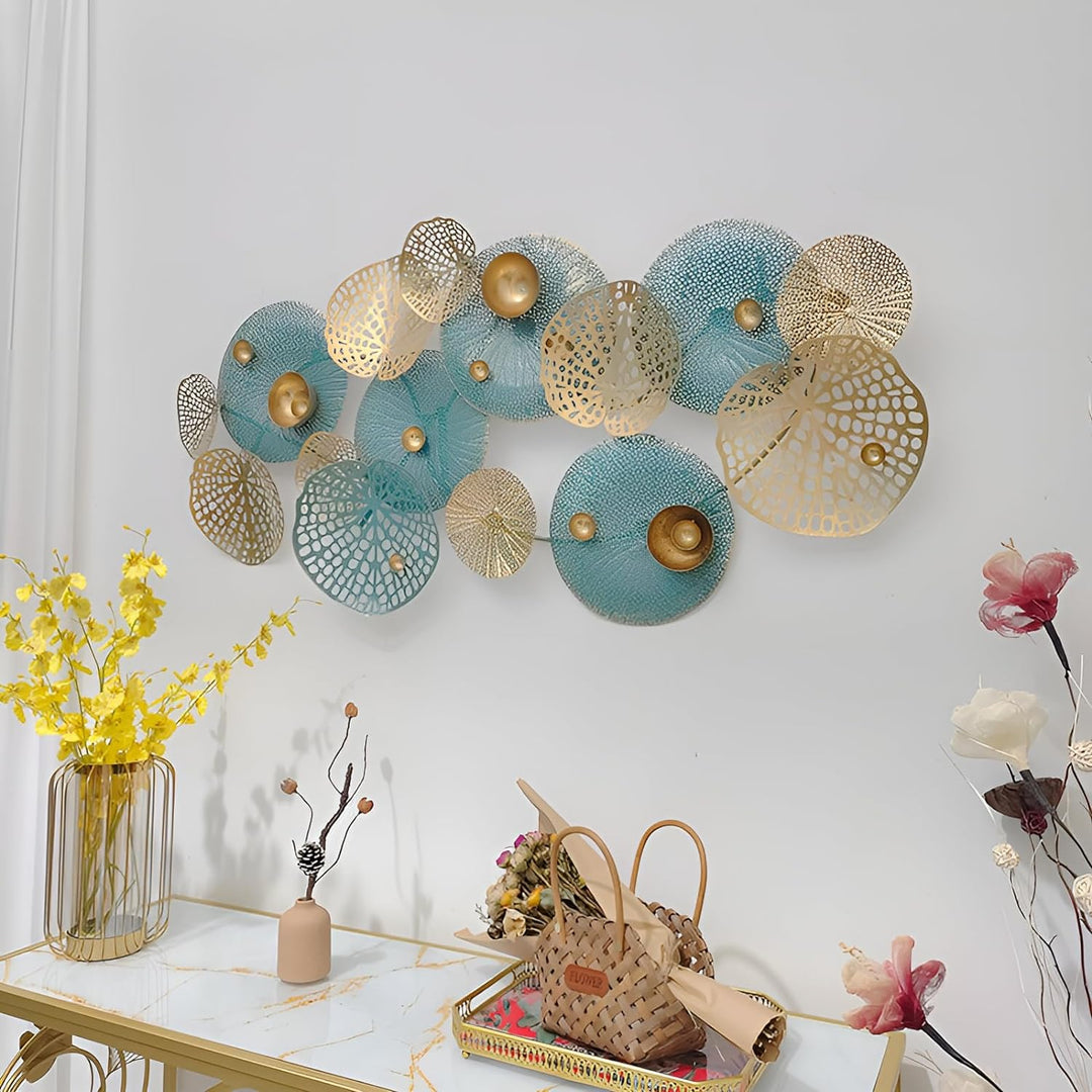 Dekoleidenschaft 3D Wandbild Lotus aus Metall in gold/türkis, 125x60 cm, Wanddeko, Wandschmuck mehrf
