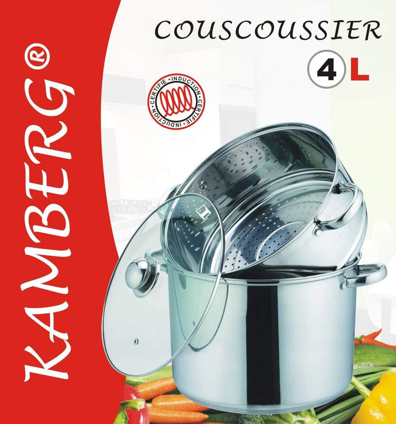 Kamberg 0008059 – Couscoustopf/Dampfgarer/Kochtopf  (3‑in‑1) – Durchmesser 20 cm – 4 Litres – Hochwe