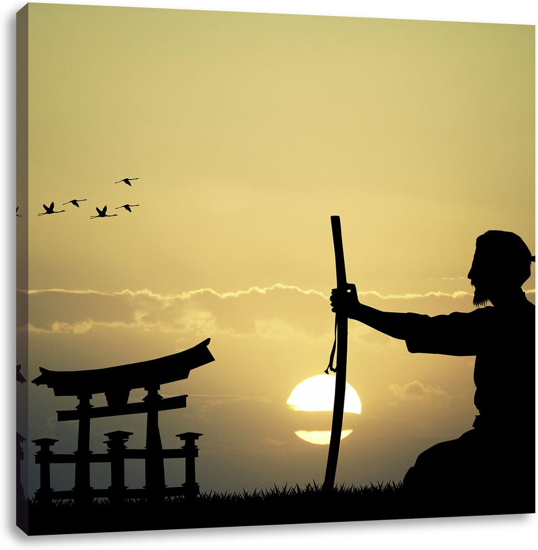Pixxprint Alter Samurai-Meister vor Horizont, Format: 70x70 auf Leinwand, 70x70