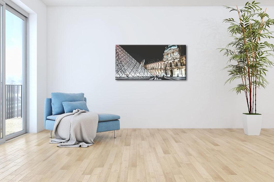 Pariser Louvre bei Nacht Panorama 80x40 cm als Leinwandbild, Motiv fertig gerahmt auf Echtholzrahmen